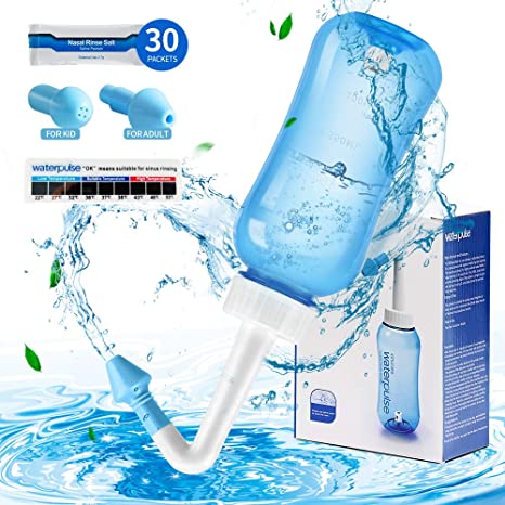 Waterpulse Neti Pot Rinse Sinus Nasal Irrigation Bottle Nose Cleaner 300ml for Adult Kid with 30 Nose Wash Salt Packets - Fast All Natural Relief - BPA Free