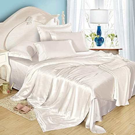 LilySilk Mulberry Silk Sheets 4 Piece, 19 Momme Silk Bed Sheets, 1 Flat Sheet, 1Fitted Sheet and 2 Oxford Silk Pillowcases, Silk Bedding Set 100% Top 6A Grade Oeko-Certified, Ivory, Twin Size