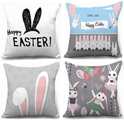XIECCX Easter Throw Pillow Covers 18x18 Set of 4 Spring Decor Farmhouse Blue White Bunny and Eggs Cotton Linen Cushion Covers for Sofa Couch Porch with Hidden Zipper