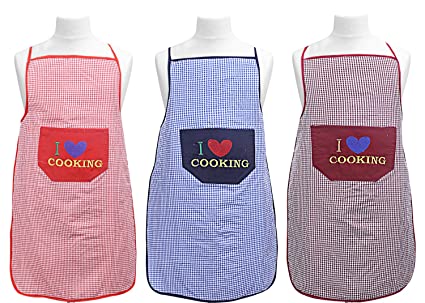 Kuber Industries Checkered Design Cotton 3 Pieces waterproof Apron with Front Pocket (Red, Blue and Maroon), CTKTC013731
