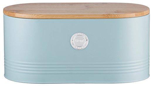 Typhoon Living Carbon Steel Bread Bin with Bamboo Lid, 13-Inches by 7-Inches by 6-1/4-Inches, Blue