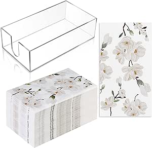 Outus 100 Pcs Paper Guest Towels with Acrylic Napkin Holder, Disposable Bathroom Paper Towels Floral White Magnolia Hand Napkins with Tray for Bathroom Powder Room Guest Room Party Decor