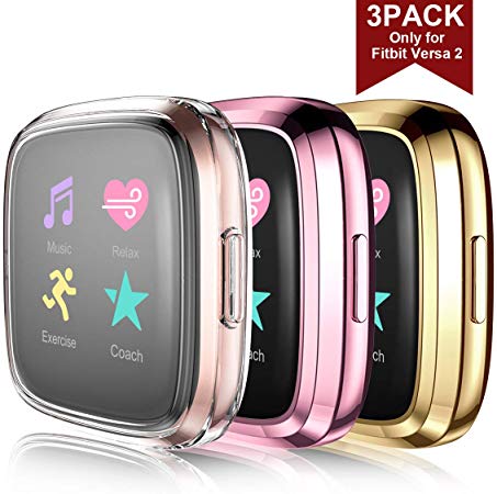 Maledan Ultra Thin Screen Protector Case Compatible with Fitbit Versa 2, 3 Pack TPU HD Full Protective Case Cover Scratch Resistant Shock Absorbing for Fitbit Versa 2 Smartwatch Bands Accessories