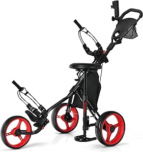 COSTWAY 3 Wheel Golf Push Pull Cart, Lightweight Foldable Golf Trolley with Detachable Stool, 4 Height Position Handle, Adjustable Umbrella Stand, Storage Bag, Cup Holder and Foot Brake