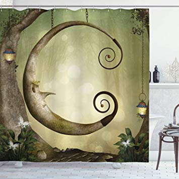 Ambesonne Cartoon Decor Collection, Forest Secret Swing Old Tree Curly Half Moon Shaped Lamps and Butterflies Lights Image, Polyester Fabric Bathroom Shower Curtain, 75 Inches Long, Khaki Olive