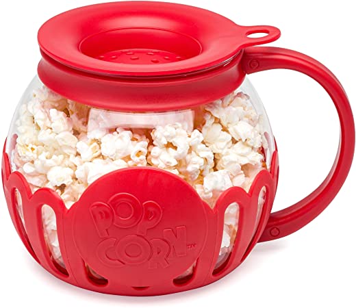 Ecolution Original Microwave Micro-Pop Popcorn Popper, Borosilicate Glass, 3-in-1 Silicone Lid, Dishwasher Safe, BPA Free, 1.5 Quart Snack Size, Red