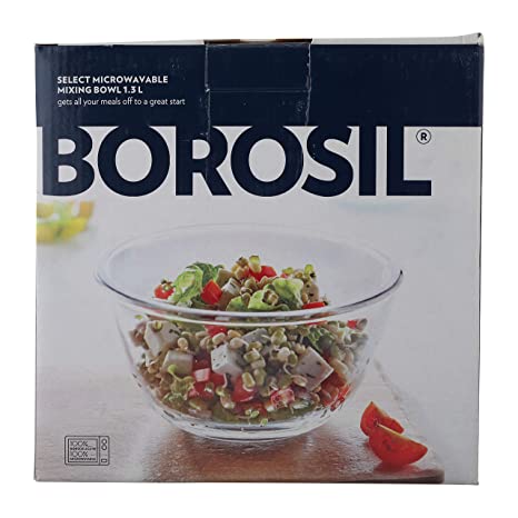 Borosil Basic Glass Mixing & Serving Bowls, Microwave Safe Bowls, Set of 1 (1.3 L), Borosilicate Glass, Clear