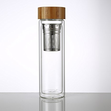 BPA-Free Glass Coffee Tumbler, Leak Proof Tea/Coffee Infuser, Bamboo Lid, Stainless Steel Infuser, Doubles as Travel Mug or Water Bottle, Lead-free Borosilicate Glass (450ML/15oz)