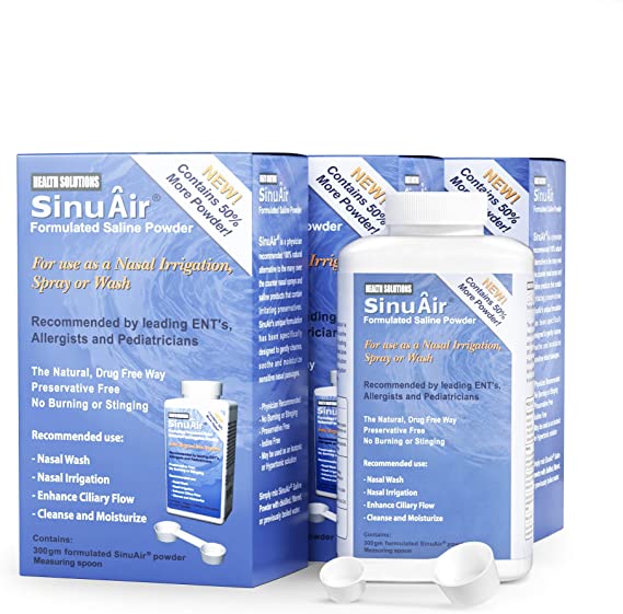 SinuAir Sinus Rinse Salt Solution - Saline Powder for SinuPulse System, Neti Pot Flush, Nasal Wash Squeeze Bottle, & Nose Irrigation, Enhanced Formulation & Cleaning for Sinuses, 300g Bottle (3-Pack)