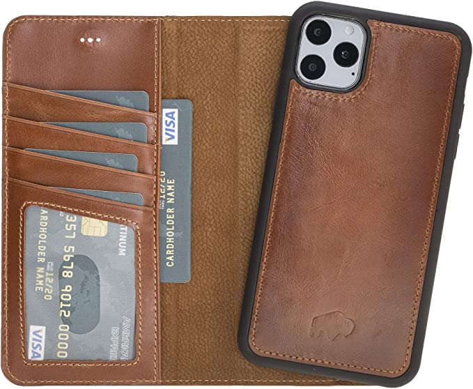 Burkley Case Carson Premium Genuine Leather Magnetic Detachable Snap-on Case Wallet with Flap Closure for Apple iPhone 11 Pro Max (6.5") (Burnished Tan)