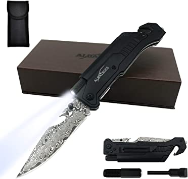 ALBATROSS Best 6-in-1 Survival Tactical Military Folding Pocket Knife with LED Light, Seatbelt Cutter, Glass Breaker, Magnesium Fire Starter, Bottle Opener; Multi-Function Emergency Tool