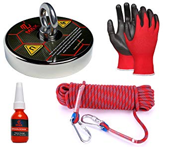 MaxMagnets 1,800 LBS Pulling Force Fishing Magnet Kit with Heavy Duty Rope   2 Carabiners   Gloves