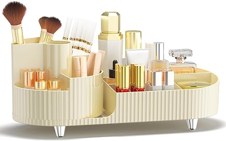 Feibrand Makeup Organiser Cosmetics Organiser,Makeup Storage with 360-Degree Spinning Makeup Brush Holder Skincare Organiser Makeup Organiser Storage for Dressing Table Bathroom Cream Yellow