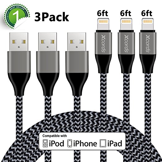 iPhone Charger, Xcords 6FT Lightning Cable Extra Long 8pin Nylon Braided Lightning to USB Cable Charging Cord for iPhone X/ 8 plus/ 8 /7 plus/ 7/ 6 plus/ 6s/5/ 5s/ SE /iPad and iPod(Carbon Black)