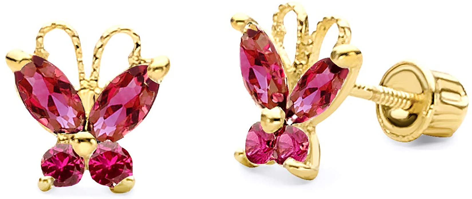 14k Yellow Gold Butterfly Stud Earrings with Screw Back - 4 Different Color Available