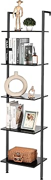 ELYKEN Ladder Shelf, 5-Tier Wood Wall Mounted Bookshelf with Metal Frame, Vintage Open Display Organizer Rack, Leaning Storage Shelves for Living Room, Bedroom, Home Office, Black