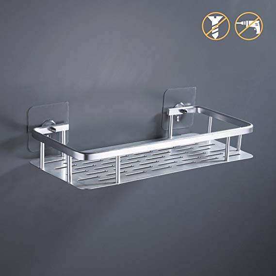 KES Adhesive Suction Bathroom Shelf No Drill Aluminum Rectangle Wall Mount Shower Caddy Organizer Screw Free Anodized, A4028ADF