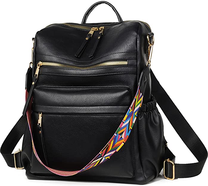Women Backpack Purse, Fashion Leather Designer Ladies Rucksack, Convertible Travel Shoulder Bag with Colorful Strap