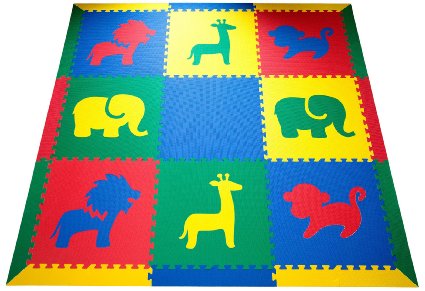 SoftTiles Safari Animals Interlocking Kids Foam Play Mats w/Sloped Edge Pieces- Primary Colors Large 2' Floor Tiles- 78" x 78" (6.5' x 6.5')