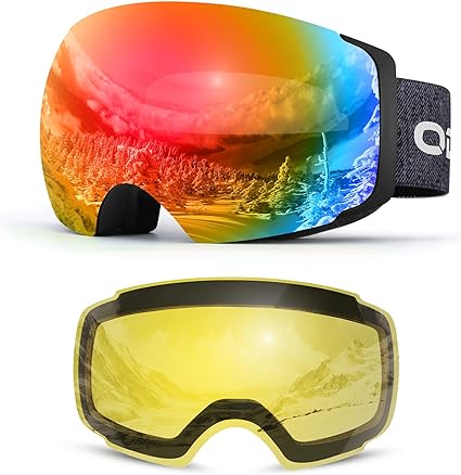 Odoland Magnetic Interchangeable Ski Goggles with 2 Lens, Large Spherical Frameless Snow Snowboard Goggles for Men Women