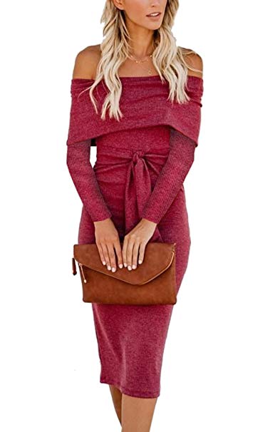 Angashion Womens Sexy Off Shoulder Long Sleeve Bodycon Midi Knit Cocktail Evening Sweater Dress with Belt