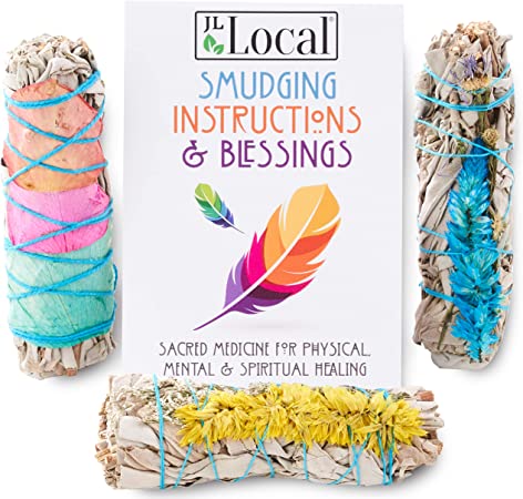 JL Local Fire Flowers Sage Smudge Sticks - Sage Bundles - White Sage with Beautiful Flowers (3 Pack)