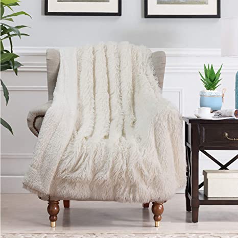 UEEE Super Soft Shaggy Warm Plush Throw Blanket Fluffy Long Faux Fur Decorative Blankets for Couch Bed Chair Photo Props Cream White(63"x79")