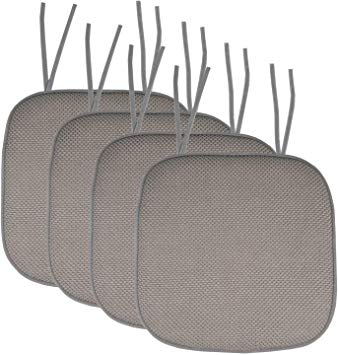 Sweet Home Collection Chair Cushion Memory Foam Pads with Ties Honeycomb Pattern Slip Non Skid Rubber Back Rounded Square 16" x 16" Seat Cover, 4 Pack, Silver