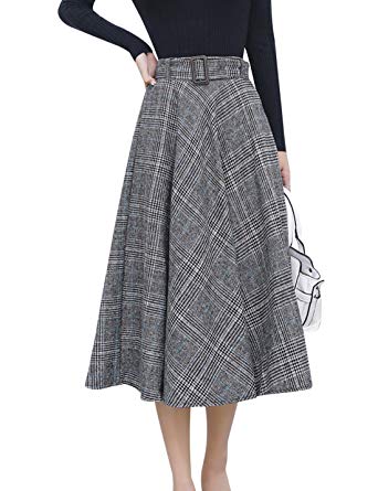 Tanming Women's Elastic Waist Belted Wool Blend Check Plaid Midi Skirt