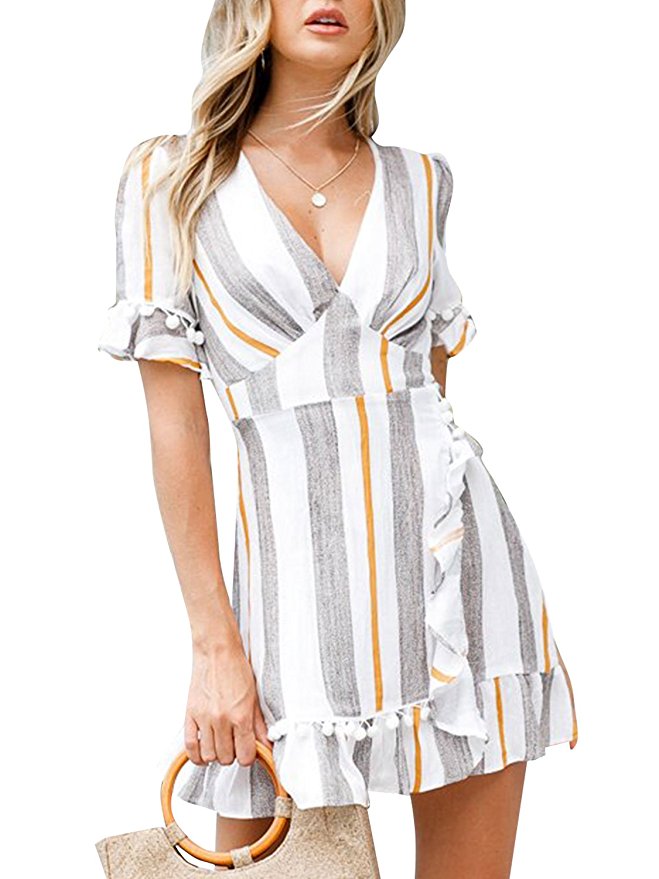 Simplee Women Sexy Deep V-Neck Short Sleeve Stripe Print Mini A Line Dress
