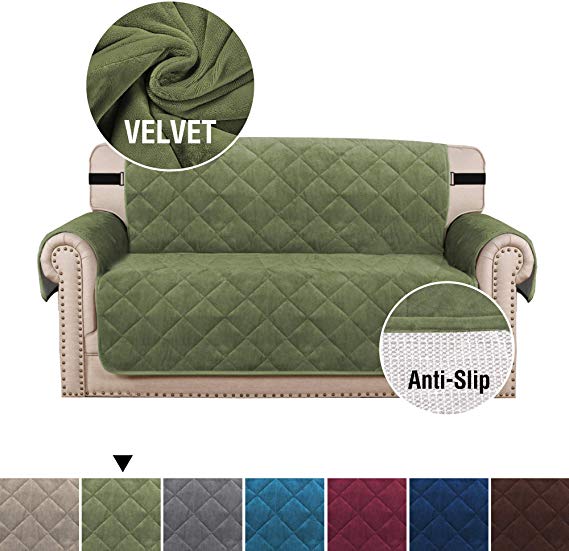 H.VERSAILTEX Ultra Soft Velvet Sofa Covers for Living Room Slip Resistant Quilted Furniture Protector 2" Straps and Pockets Couch Covers for Dogs Sofa Slipcover Protector (Loveseat 54", Loden)