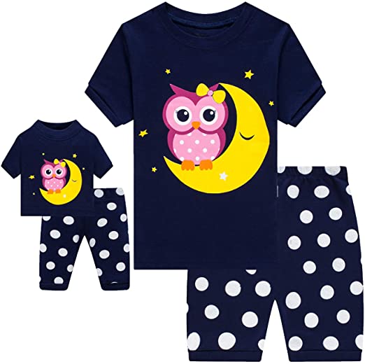 Girls Matching Doll&Toddler Owl 4 Piece Short Cotton Pajamas Kids Clothes Sleepwear