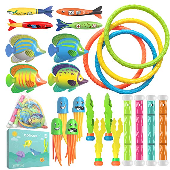 BABCOO 24 Piece Pool Diving Toys for Kids Toddlers Summer Water Fun with Swim Rings Dive Sticks for Boys Girls