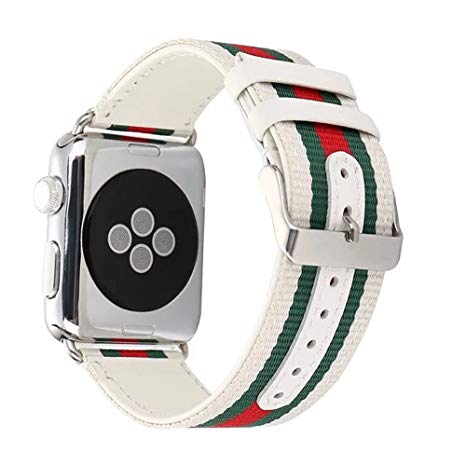 Nylon Genuine Leather Band for Apple Watch 42/44mm Series 4 3 2 1 White Sports Strap Replacement for iwatch Striped Wrist Belt. (White Striped-42/44mm)