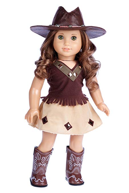 DreamWorld Collections - Cowgirl - 4 Piece Outfit - Cowgirl Hat, Skirt, Top and Cowgirl Boots - Clothes Fits 18 Inch American Girl Doll (Doll Not Included)