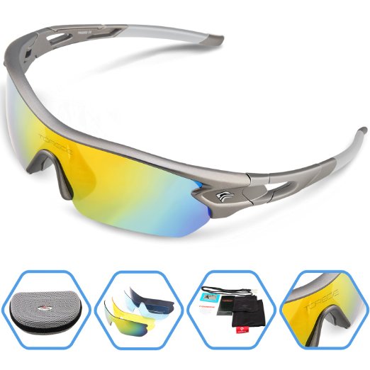 Torege Polarized Sports Sunglasses With 5 Interchangeable Lenes for Men Women Cycling Running Driving Fishing Golf Baseball Glasses TR002