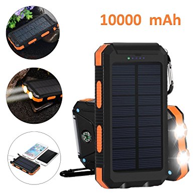 Solar Charger, Hompie Portable 10000mAh Dual USB Solar Battery Charger External Battery Pack Phone Charger Power Bank with Flashlight & Compass for Outdoors [Rainproof, Dust-proof, Shockproof]