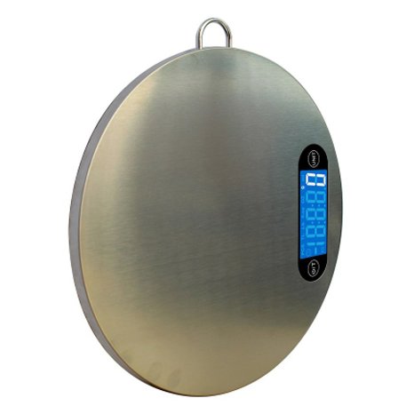 Praline Food Scale Best Professional Multifunction Digital Kitchen Scale with Hanger for Easy Storage Stainless Steel and Easy To Clean Measures Grams Ounces and Fluid Ounces 11 lb