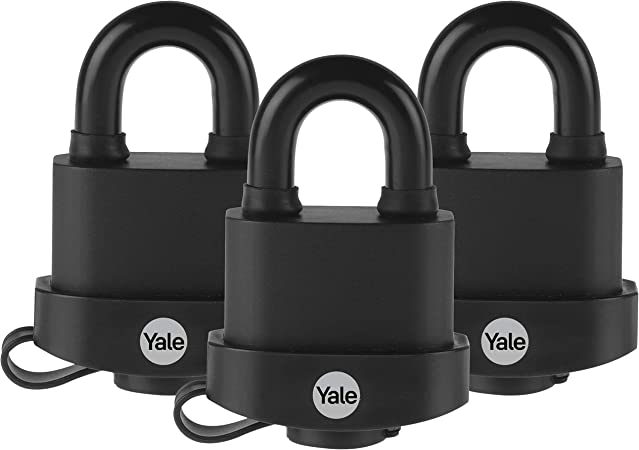 Yale Security 2-1/16" Wide high Security Weatherproof Laminated Padlock with 5/16" Shackle and 3 keyed Alike Keys for Outdoor gate, Fence, and Storage (3 Pack), Black (Y220)