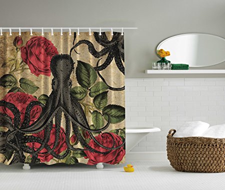 Nautical Shower Curtain Sea Creatures Decor by Ambesonne, Monster Octopus in Ocean Fauna with Roses Leaves Tentacles Kraken Vintage Rustic Retro Print Fashionable Modern Bathroom, Red Green Gray Beige