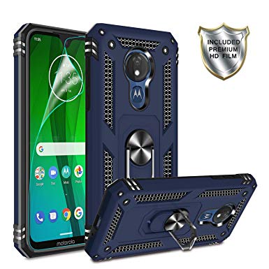 Moto G7 Power Phone Case,Moto G7 Supra Case with HD Screen Protector,Gritup 360 Degree Rotating Metal Ring Holder Kickstand Armor Anti-Scratch Bracket Cover Phone Case for Motorola G7 Power Blue