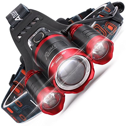 RUIMX Zoomable Brightest Led Headlamp Flashlight, Real 1800 Lumen 3 LED Waterproof Headlight, Head Lamp with 18650 Rechargeable Battery and Warning Red LED Light for Outdoor Indoor Working Camping