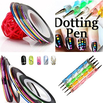 5 X 2 Way Marbleizing Dotting Pen Set for Nail Art Manicure Pedicure 10 Color Rolls Nail Art Decoration Striping Tape