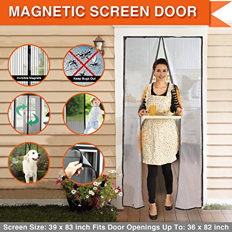 Magnetic Screen Door Mesh Curtain Full Frame Velcro Walk through Hands Free Black Door curtain Keep Bugs Out Lets Fresh Air In - Fits Doors Up To 36 x 82 inch Max