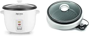 Aroma Housewares Aroma 6-cup (cooked) 1.5 Qt. One Touch Rice Cooker, White (ARC-363NG), 6 cup cooked & ASP-137 Grillet 3Qt. 3-in-1 Cool-Touch Electric Indoor Grill Portable