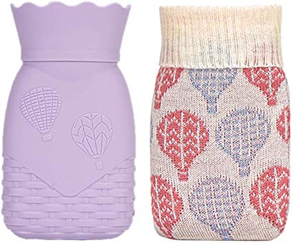 Hot Water Bottle, Xboun Heating Bottle Environmental Silicone Hot Water Bag with Knit Cover-Great for Pain Relief, Hot&Cold Therapy-Gift for Girls Babys, Christmas, Gift Exchange Pary (Small, Purple)
