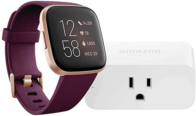 Fitbit Versa 2 Smartwatch (Bordeaux/Copper Rose) with Amazon Smart Plug Bundle