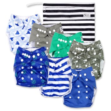 Nautical Baby Cloth Pocket or Cover Diapers (7 Pack) with 7 Bamboo Inserts and 1 Wet Bag for Boy or Girl by Nora's Nursery