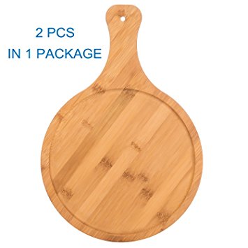 2-Pack Premium Bamboo Pizza Peel Round Plates Dessert Plates Breakfast Plate Lunch Plate Dinner Plates,Natural Color Extra Small Size 15.0 inch x 10 inch