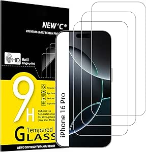 NEW'C 3 Piezas, Protector Pantalla compatible para iPhone 16 Pro (6,3 pulgadas), Cristal templado Antiarañazos, Antihuellas, Sin Burbujas, Dureza 9H, 0.33 mm Ultra Transparente, Ultra Resistente